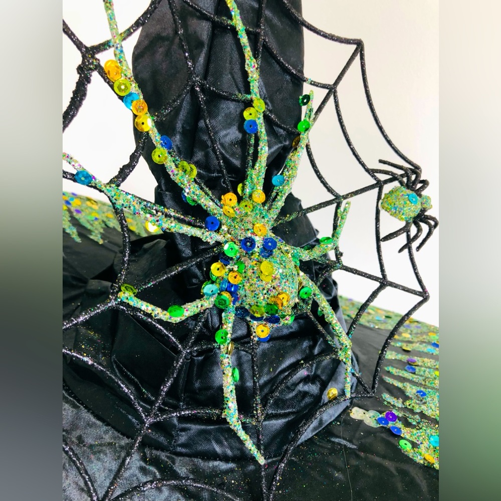WITCH HAT Black satin green Sparkles crawling with spiders & Lg web 1 Of a kind - Picture 12 of 16